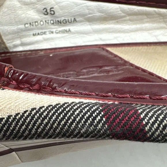 Burberry Nova Check Ballet Flat Burgundy Patent Cap Toe Rubber Bumper EU 35 US 5